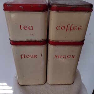 Vintage Harvell Space Saver Mid-Century 4 Piece Cream and Red Canister Set